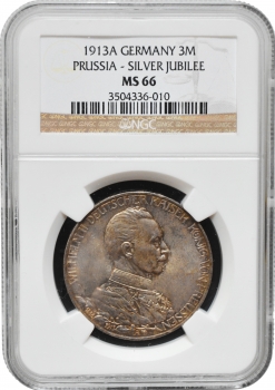 Пруссія 3 марки 1913 р. A, NGC MS66, "25 років правлінню Вільгельма II" ПАТИНА