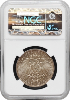 Пруссія 3 марки 1913 р. A, NGC MS66, "25 років правлінню Вільгельма II" ПАТИНА