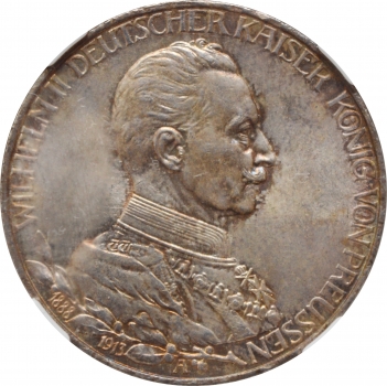 Пруссія 3 марки 1913 р. A, NGC MS66, "25 років правлінню Вільгельма II" ПАТИНА