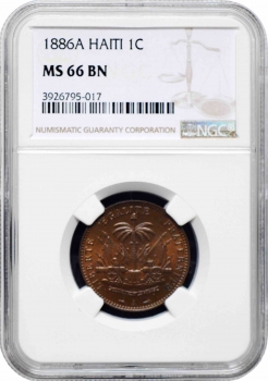 Гаити 1 сантим 1886 г. A, NGC MS66 BN, "Республика Гаити (1863 - 1985)" Top Pop 3/0