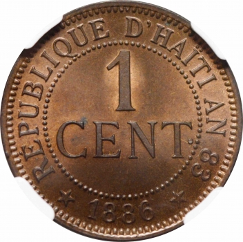 Гаити 1 сантим 1886 г. A, NGC MS66 BN, "Республика Гаити (1863 - 1985)" Top Pop 3/0