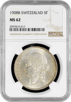Швейцария 5 франков 1908 г. B, NGC MS62, "Швейцарская Конфедерация (1850 - 1916)"