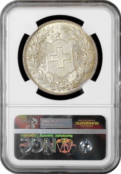 Швейцария 5 франков 1908 г. B, NGC MS62, "Швейцарская Конфедерация (1850 - 1916)"