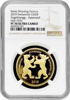 Швейцария 500 франков 2019 г., NGC PF70 UC, "Стрелковый фестиваль в Аппенцелле"