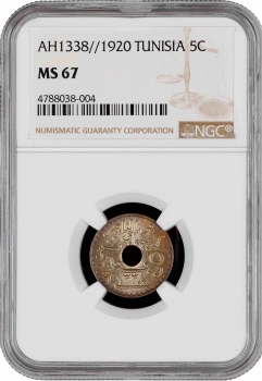 Тунис 5 сантимов AH 1338 (1920) г., NGC MS67, "Французский протекторат (1890 - 1957)" Top Pop 1/0