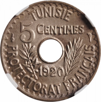 Тунис 5 сантимов AH 1338 (1920) г., NGC MS67, "Французский протекторат (1890 - 1957)" Top Pop 1/0