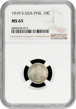 Филиппины 10 сентаво 1919 г. S, NGC MS65, "Администрация США (1903 - 1945)"
