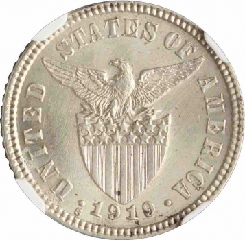 Филиппины 10 сентаво 1919 г. S, NGC MS65, "Администрация США (1903 - 1945)"