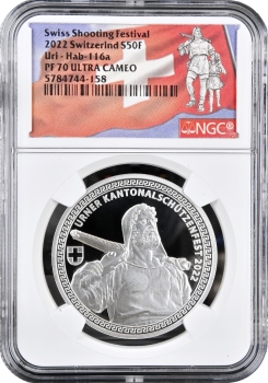 Швейцарія 50 франків 2022 р., NGC PR70 UC, "Стрілецький фестиваль в Урі"