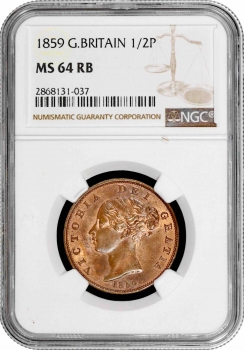 Великобритания 1/2 пенни 1859 г., NGC MS64 RB, "Королева Виктория (1838 - 1901)"