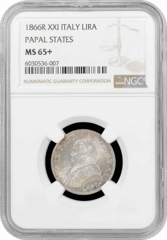 Папская область 1 лира 1866 г. R, NGC MS65+, "Папа Пий IX (1846 - 1878)"