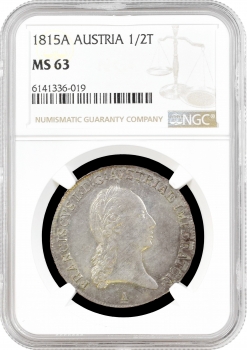 Австрия 1/2 талера 1815 г. A, NGC MS63, "Император Франц II (1806 - 1835)"