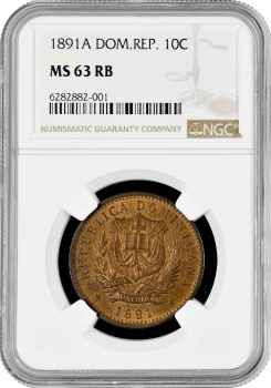 Доминикана 10 сентесимо 1891 г. A, NGC MS63 RB, "Доминиканская Республика (1844 - 1897)"