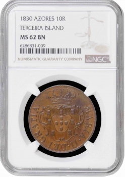 Азорские острова (Остров Терсейра) 10 рейсов 1830 г., NGC MS62, "Мария II в изгнании (1828 - 1833)"