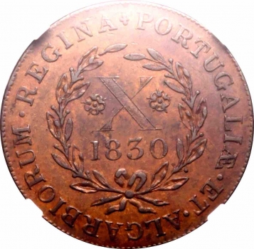 Азорские острова (Остров Терсейра) 10 рейсов 1830 г., NGC MS62, "Мария II в изгнании (1828 - 1833)"