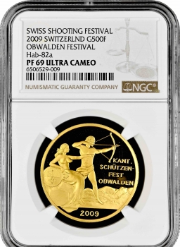Швейцария 500 франков 2009 г., NGC PF69 UC, "Стрелковый фестиваль в Обвальдене"