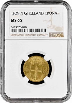 Исландия 1 крона 1929 г. N, NGC MS65, "Король Кристиан X (1922 - 1943)" Top Pop 4/0