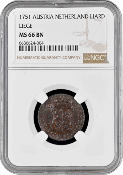 Бельгия (Льеж) 1 лиард 1751 г., NGC MS66 BN, "Иоганн Теодор Баварский (1744 - 1763)" Top Pop