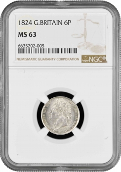 Великобритания 6 пенсов 1824 г., NGC MS63, "Король Георг IV (1820 - 1830)"