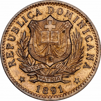 Доминикана 10 сентесимо 1891 г. A, NGC MS65 RB, "Доминиканская Республика (1844 - 1897)"