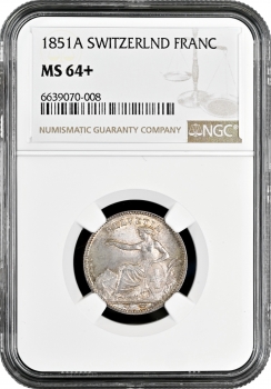 Швейцария 1 франк 1851 г. A, NGC MS64+, "Швейцарская конфедерация (1917 - 1967)"