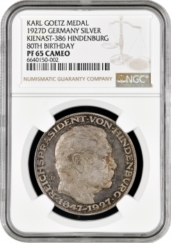 Веймарська Республіка Медаль Карла Гетца 1927 р. D, NGC PF65 CAM, "80 років Гінденбургу"
