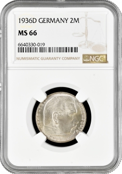 Німеччина 2 рейхсмарки 1936 р. D, NGC MS66, "Нацистська Німеччина (1933 - 1945)" Top Pop 1/0