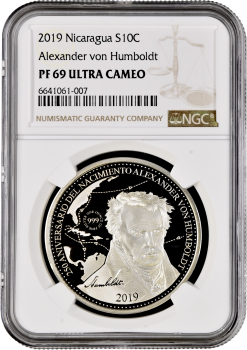 Никарагуа 10 кордоб 2019 г., NGC PF69 UC, "Александр фон Гумбольдт" Top Pop 1/0