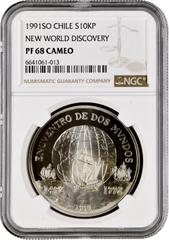 Чили 10000 песо 1991 г., NGC PF68 UC, "500 лет открытию Америки"