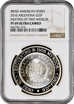 Аргентина 25 песо 2010 г., NGC PF69 UC, "Иберо-Америка - Исторические монеты"