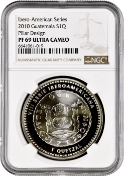 Гватемала 1 кетсаль 2010 г., NGC PF69 UC, "Иберо-Америка - Исторические монеты"