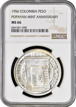 Колумбия 1 песо 1956 г., NGC MS66, "200 лет монетного двору города Попаян"