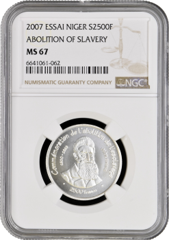 Нигер 2500 франков 2007 г., NGC MS67 ESSAI, "200 лет отмене рабства"