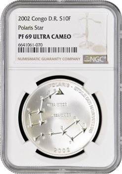 Конго - ДРК 10 франков 2002 г., NGC PF69 UC, "Полярная звезда" Top Pop 1/0
