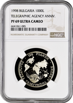 Болгария 1000 левов 1998 г., NGC PF69 UC, "Болгарское телеграфное агентство" Pop 3/2