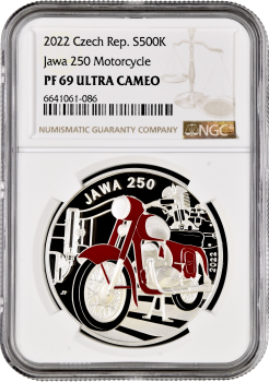Чехия 500 крон 2022 г., NGC PF69 UC, "Мотоцикл Jawa 250" Top Pop 2/0