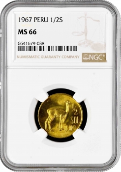 Перу 1/2 соль 1967 г., NGC MS66, "Республика Перу (1918 - 1985)" Top Pop 1/0