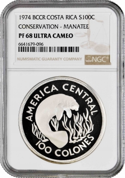 Коста-Рика 100 колонов 1974, NGC PF68 UC, "Охрана природы - Ламантин"