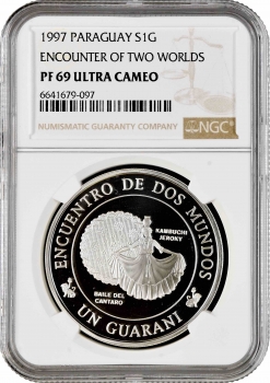 Парагвай 1 гуарани 1997, NGC PF69 UC, "III Иберо-Америка - Традиционный танец"