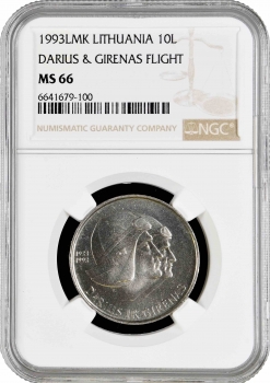 Литва 10 лит 1993 г., NGC MS66, "60 лет перелёту Дарюса и Гиренаса через Атлантику"