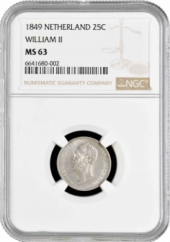 Нидерланды 25 центов 1849 г., NGC MS63, "Король Виллем II (1840 - 1849)"