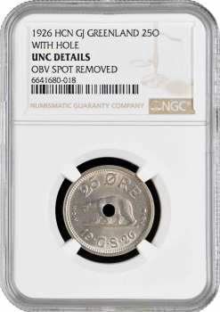 Гренландия 25 эре 1926 г. HCN, NGC UNC Det., "Король Кристиан X (1912 - 1947)" с отверстием