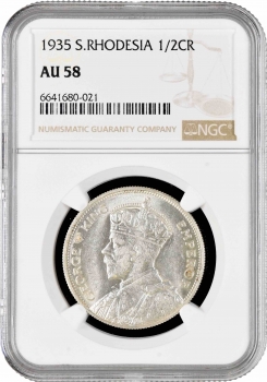 Южная Родезия 1/2 кроны 1935 г., NGC AU58, "Колония Великобритании (1932 - 1955)"