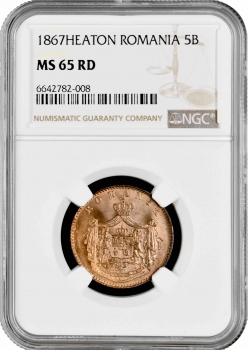 Румыния 5 бань 1867 г. HEATON, NGC MS65 RD, "Князь Кароль I (1866 - 1881)"
