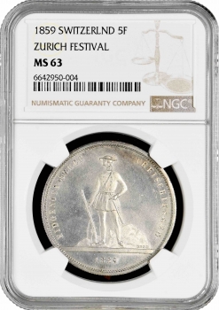 Швейцария 5 франков 1859 г., NGC MS63, "Стрелковый фестиваль в Цюрихе"