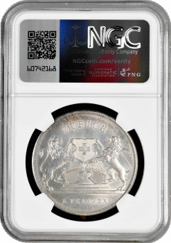 Швейцария 5 франков 1859 г., NGC MS63, "Стрелковый фестиваль в Цюрихе"