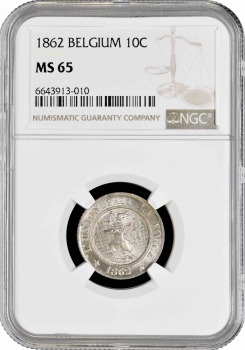 Бельгия 10 сантимов 1862 г., NGC MS65, "Король Леопольд I (1832 - 1865)"
