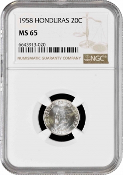 Гондурас 20 сентаво 1958 г., NGC MS65, "Республика Гондурас (1931 - 2019)"