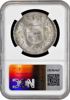 Швейцария 5 франков 1926 г. B, NGC MS62, "Швейцарская Конфедерация (1917 - 1967)"
