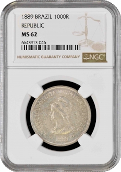 Бразилия 1000 рейсов 1889 г., NGC MS62, "Первая Республика (1889 - 1942)"